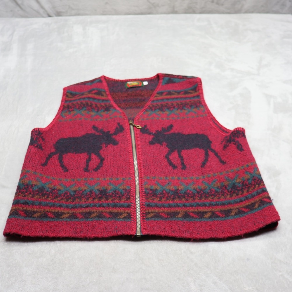 Alps Wool Vest Women Large Red Fair Isle Moose Full Zip Outdoor USA Made VTG 80s